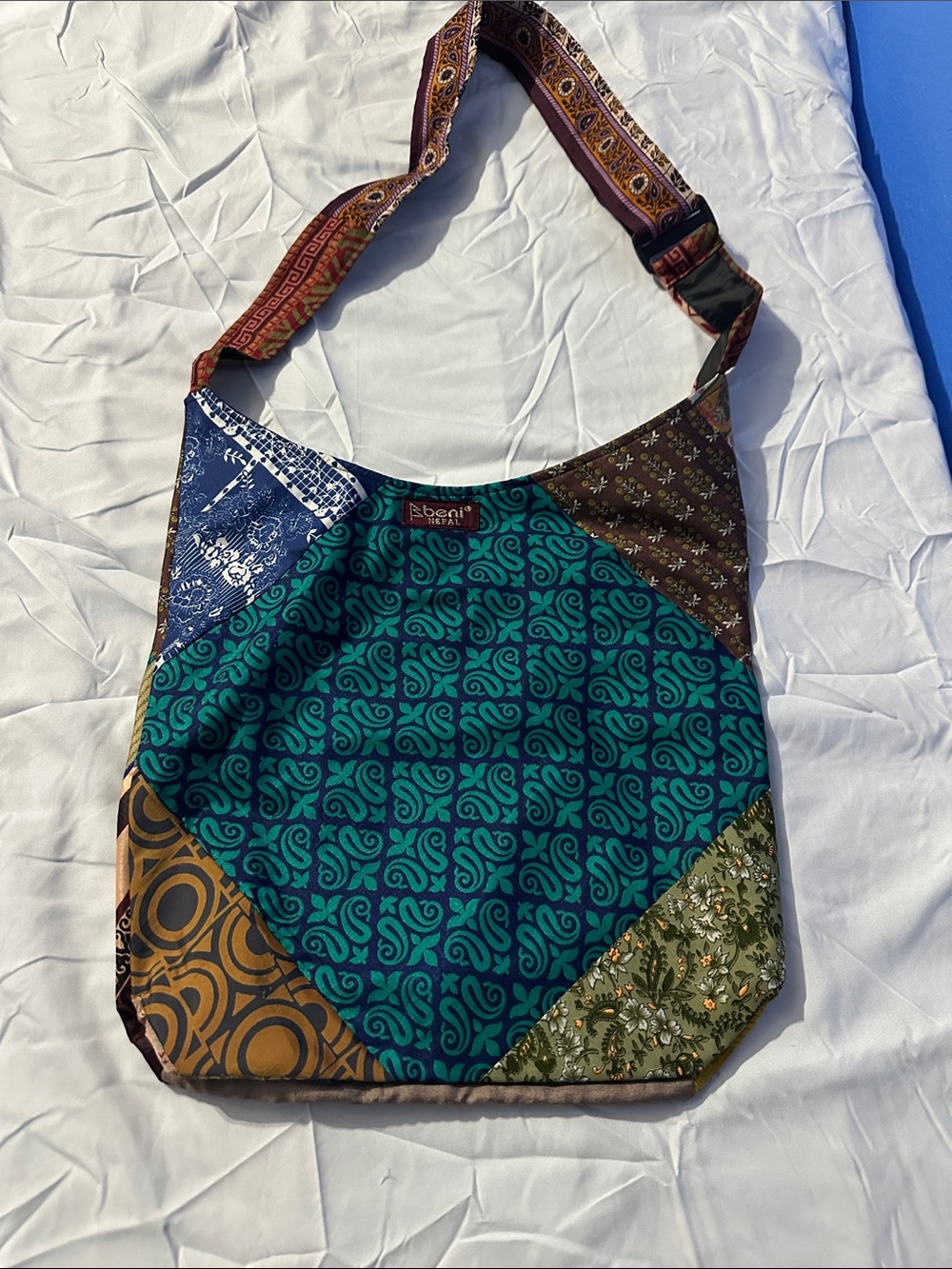Patchwork Shoulder Bag in Teal and Brown 100% silk outside made in Nepal